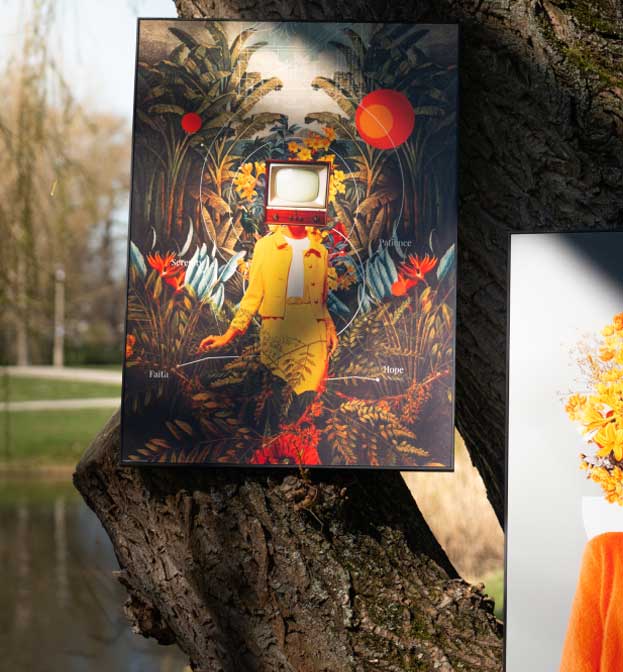 Zwei surrealistische Bilder an einem Baum im Park – links eine Figur mit Fernseher als Kopf in tropischer Landschaft, rechts ein Porträt mit gelben Blumen statt Gesicht